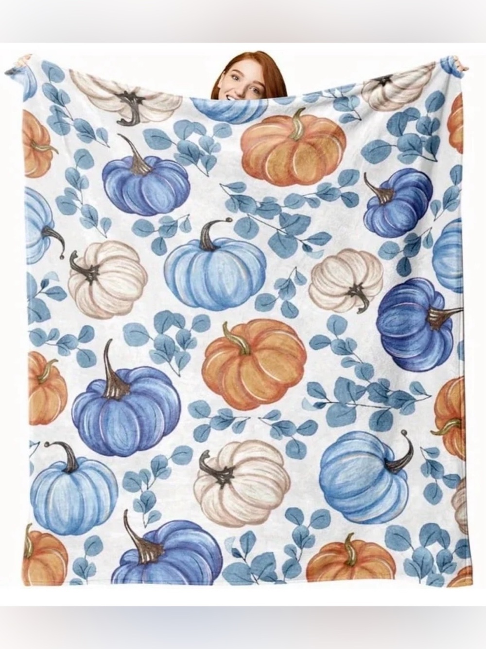 Autumn Blue Pumpkin & Eucalyptus Flannel Blanket